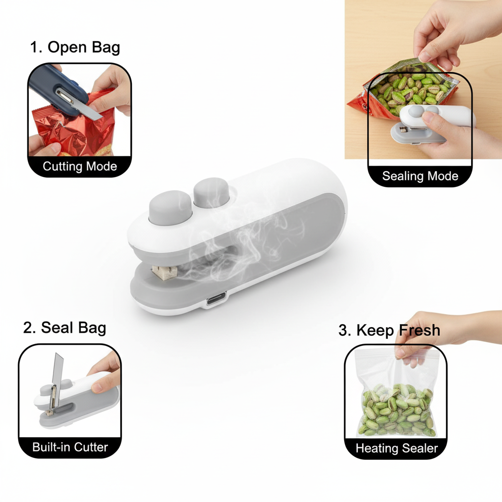 Multifunctional food sealer with cutting, sealing, and heating modes on a white background.